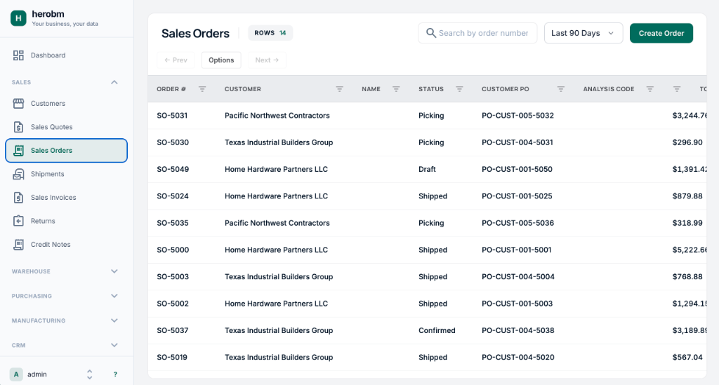 HeroBM Sales Orders Workspace